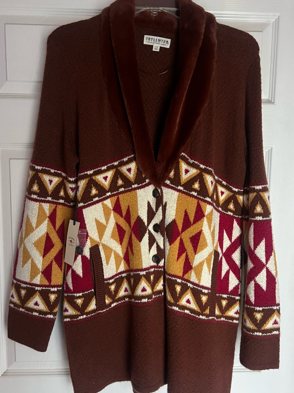Idyllwind Brown Geometric Shawl Collar Cardigan with Mustard and Cream Accents